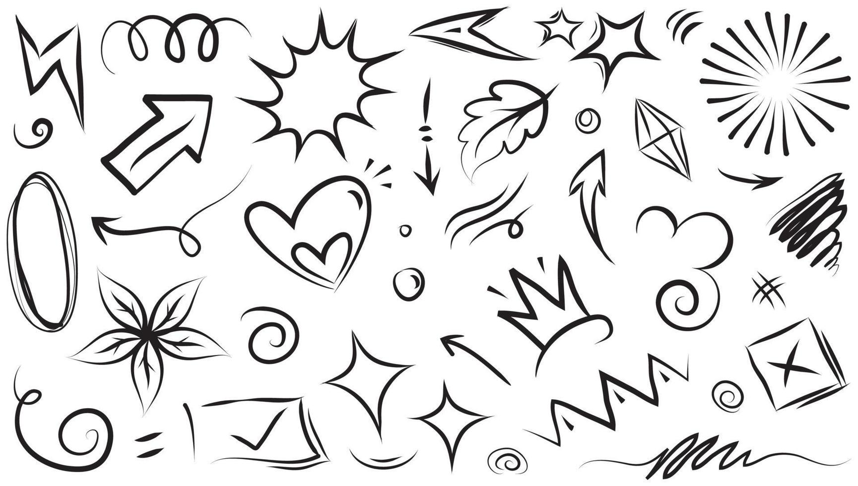 Abstract arrows, ribbons, crowns, hearts, explosions and other elements in hand drawn style for concept design. Doodle illustration. Vector template for decoration