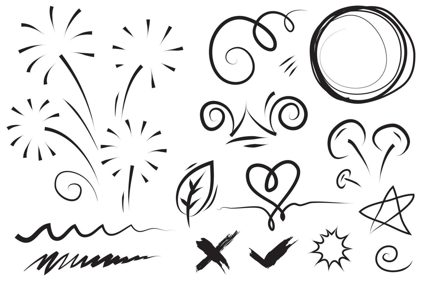 Abstract arrows, ribbons, crowns, hearts, explosions and other elements in hand drawn style for concept design. Doodle illustration. Vector template for decoration