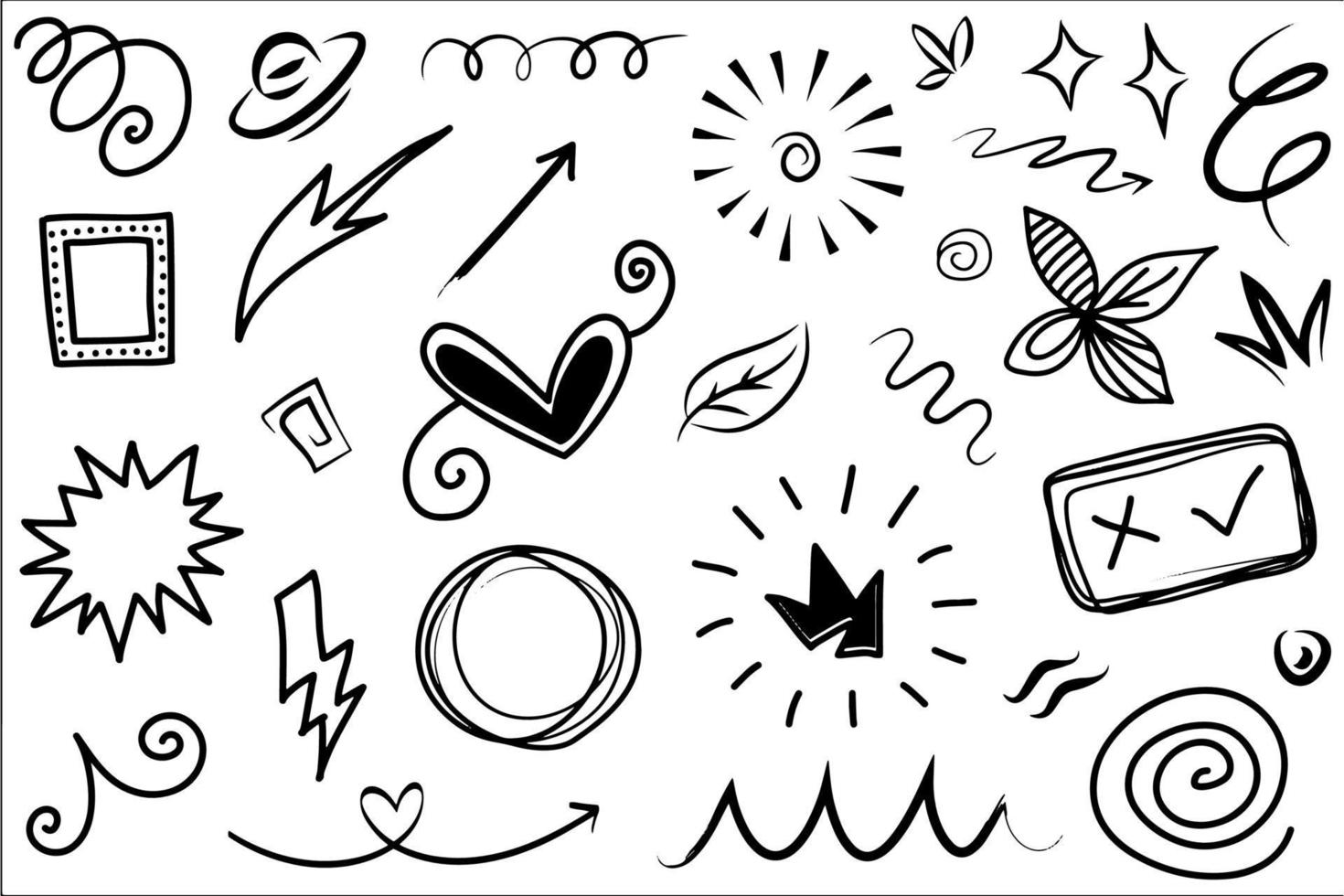 Abstract arrows, ribbons, crowns, hearts, explosions and other elements in hand drawn style for concept design. Doodle illustration. Vector template for decoration