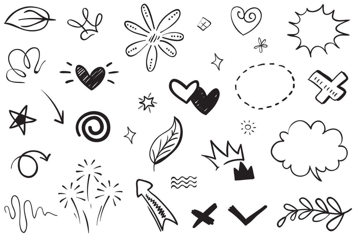 Abstract arrows, ribbons, crowns, hearts, explosions and other elements in hand drawn style for concept design. Doodle illustration. Vector template for decoration