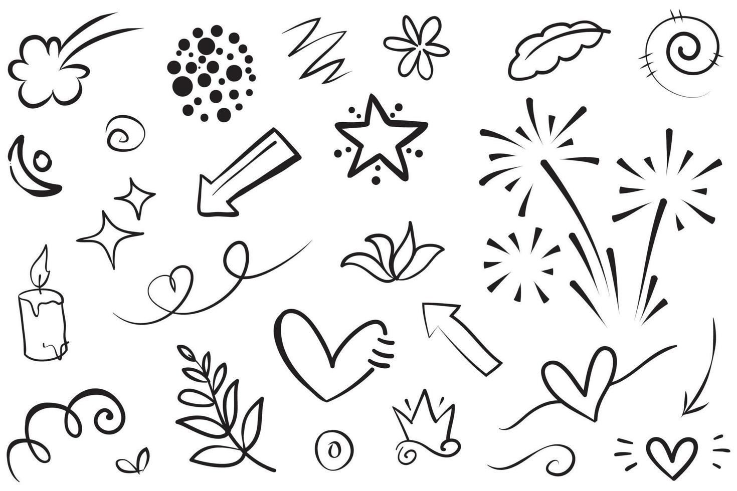 Abstract arrows, ribbons, crowns, hearts, explosions and other elements in hand drawn style for concept design. Doodle illustration. Vector template for decoration