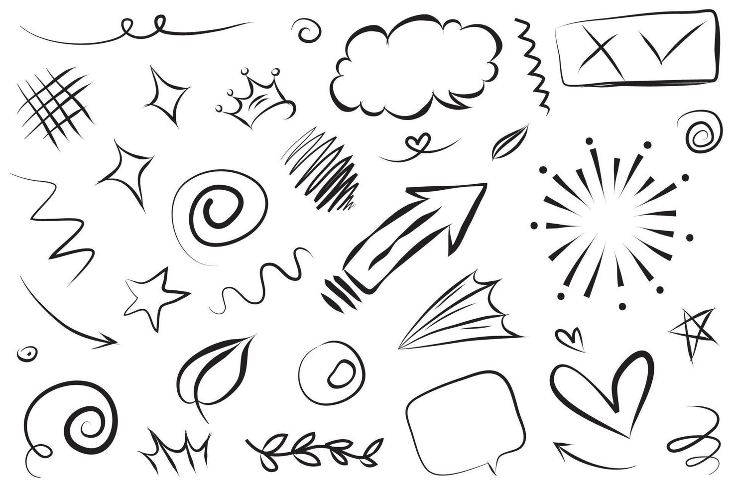 Abstract arrows, ribbons, crowns, hearts, explosions and other elements in hand drawn style for concept design. Doodle illustration. Vector template for decoration