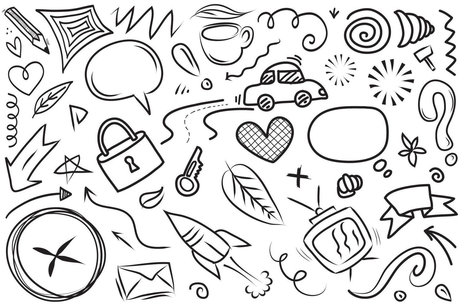 Abstract arrows, ribbons, crowns, hearts, explosions and other elements in hand drawn style for concept design. Doodle illustration. Vector template for decoration