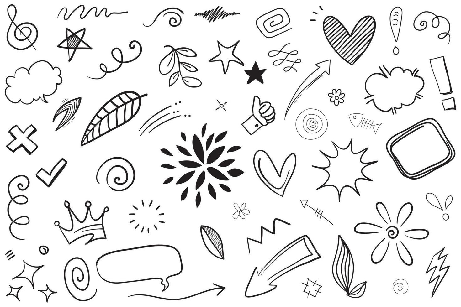 Abstract arrows, ribbons, crowns, hearts, explosions and other elements in hand drawn style for concept design. Doodle illustration. Vector template for decoration
