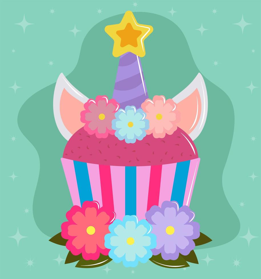 lindo cupcake con cuerno vector