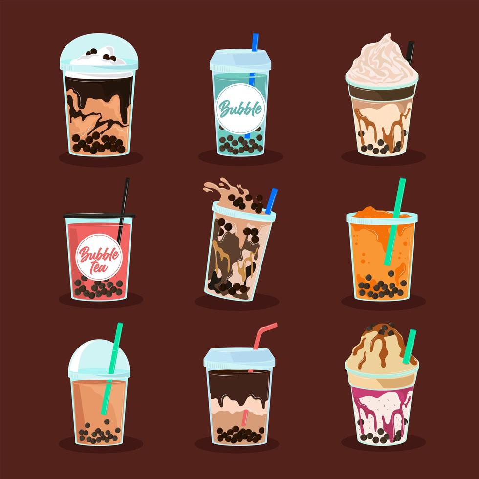 set of milk tea with bubbles vector