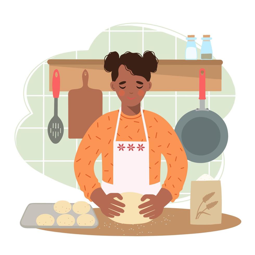 mujer afroamericana en la cocina prepara bollos esponjosos vector