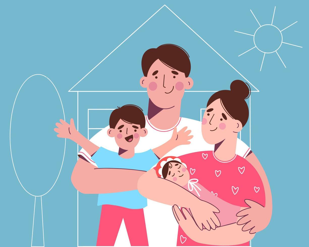 la familia feliz con dos hijos en el fondo es una casa nueva. la mujer sostiene al recién nacido en sus brazos. vector