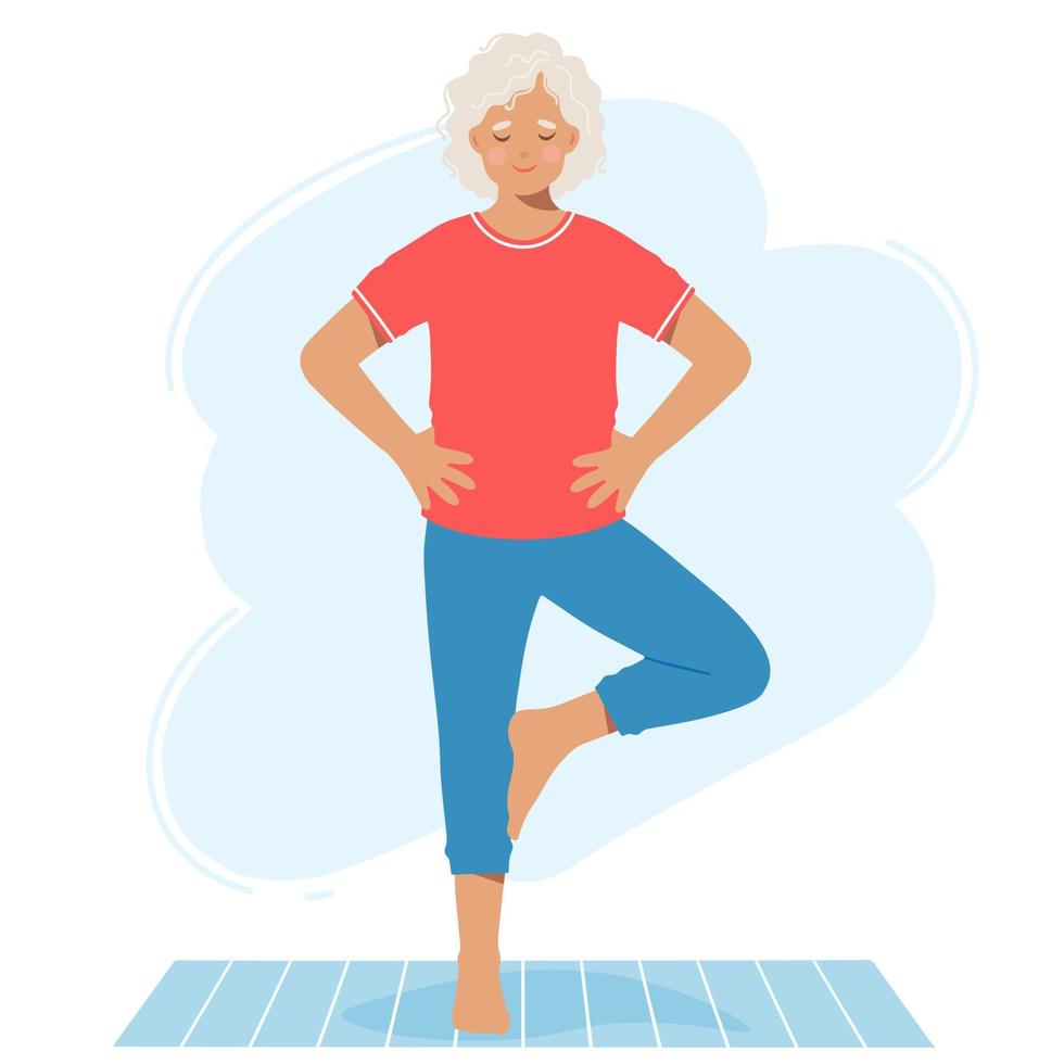 Mature elderly woman performs the exercise standing on the mat vector