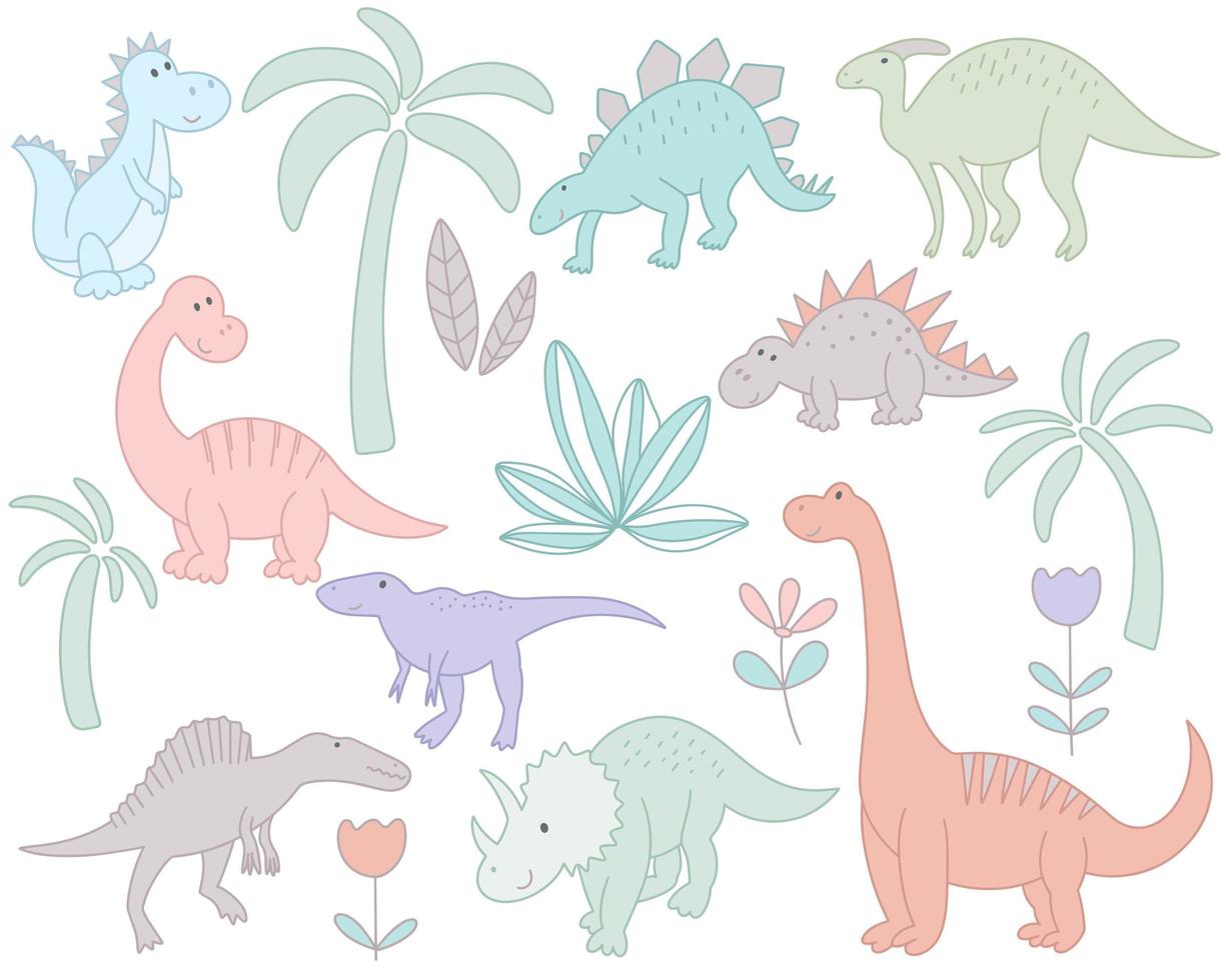 Set funny dinosaurs and plants vector