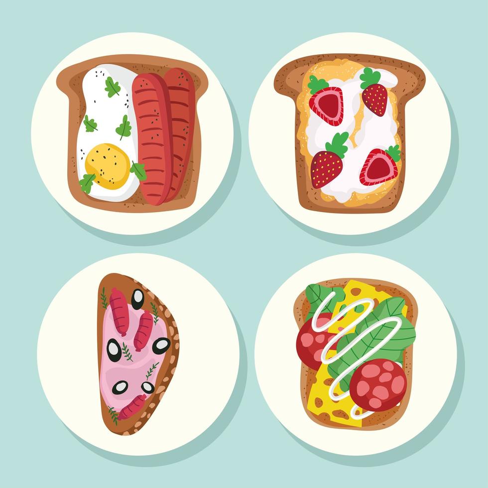 tasty breakfast icons set vector