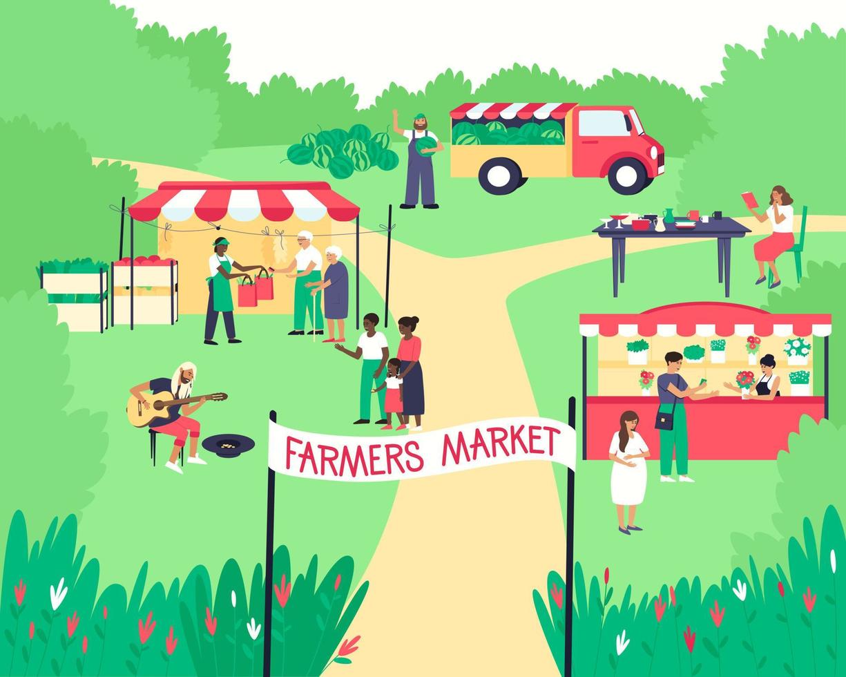 mercado de agricultores con vendedores detrás de los mostradores y compradores vector