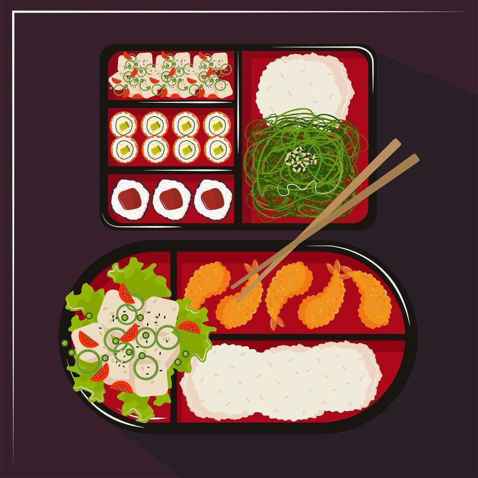 bento box with sushi and rolls vector