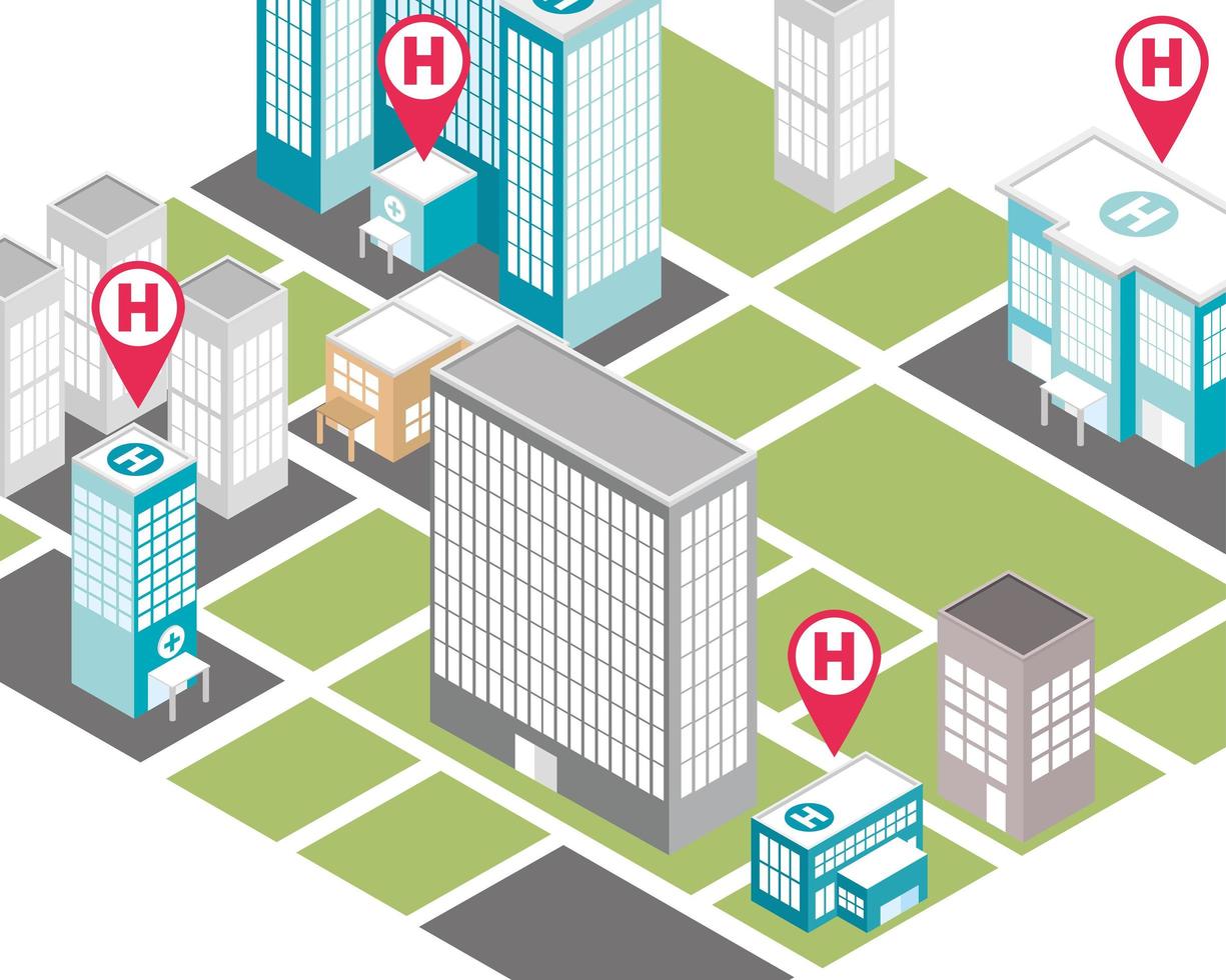 isometric city map hospitals vector