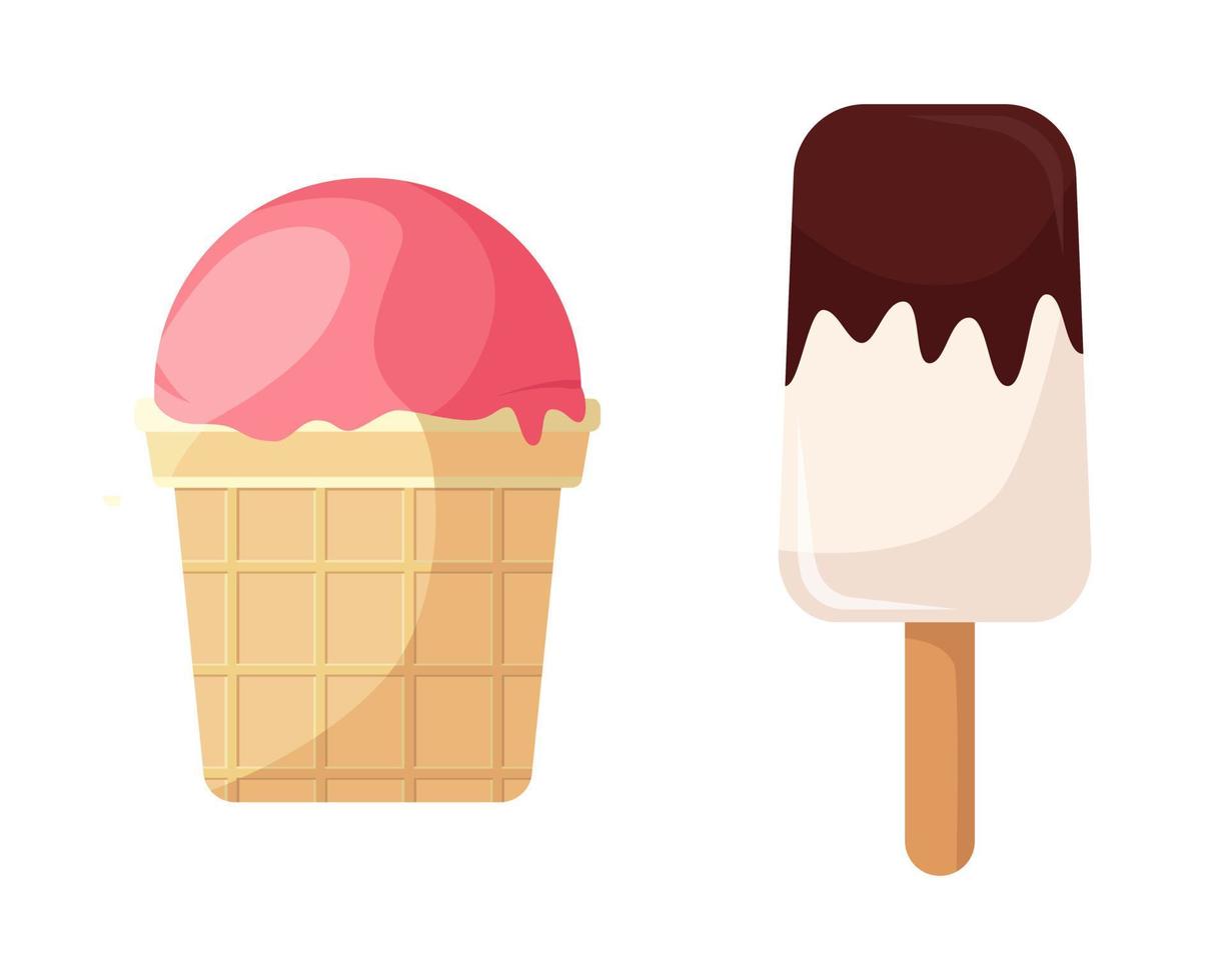 Pink ice cream in waffle cup and ice cream poured with chocolate icing on stick. Refreshing summer food. Simple multi-colored ice cream icon vector
