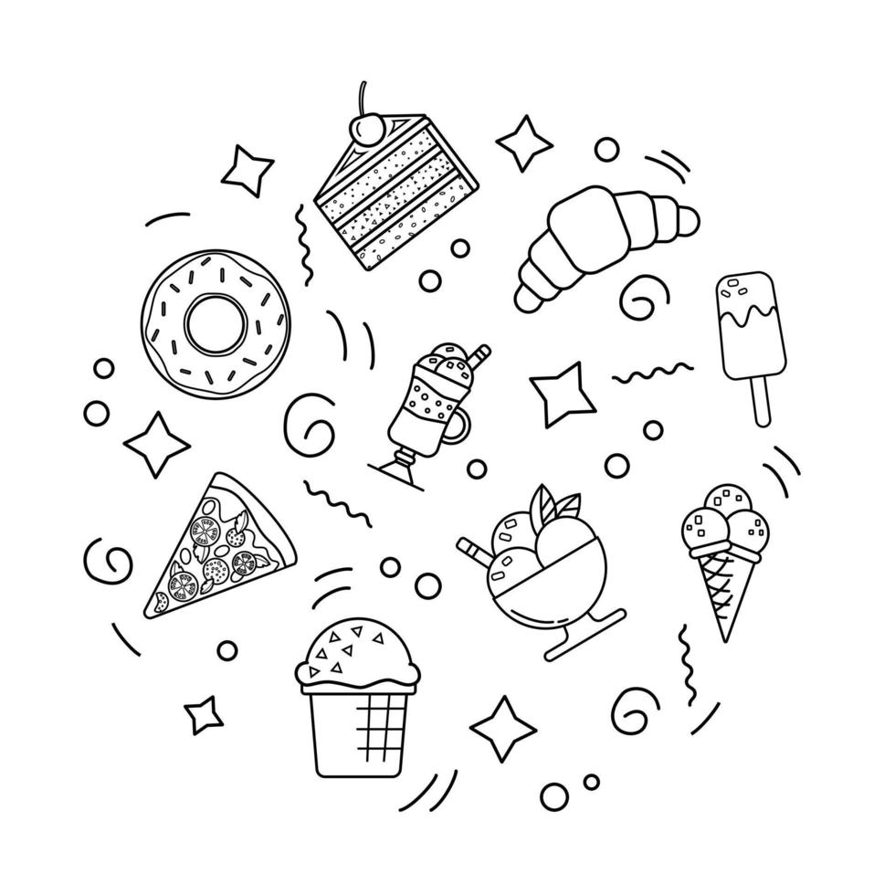 Set of Simple black and white icons fast food, desserts. Donut, ice cream, cocktails, pizza, croissant, cake. Logo for menus, banners, packaging. Fast street food concept vector