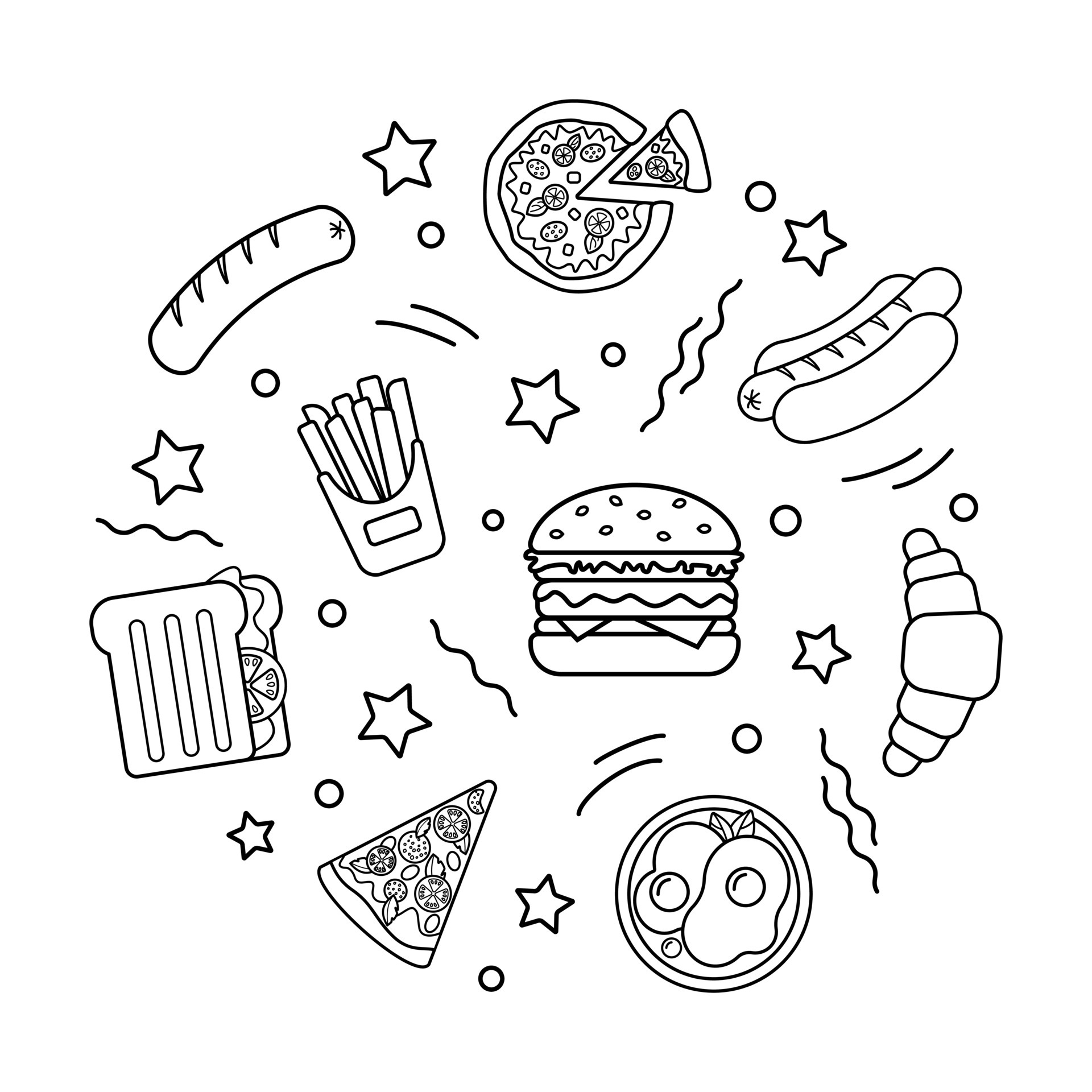 conjunto de iconos simples en blanco y negro comida rápida. hamburguesa,  hot dog, papas fritas, pizza, croissant. logo de comida callejera para  menús, pancartas, empaques. concepto de comida callejera rápida 6102055  Vector