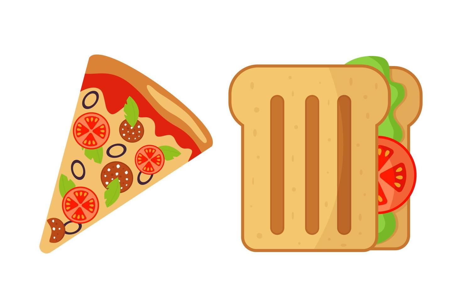 rebanada de pizza con tomates, sándwich con pan tostado con hojas de lechuga, icono aislado en fondo blanco. concepto de comida callejera. símbolo de comida rápida vector