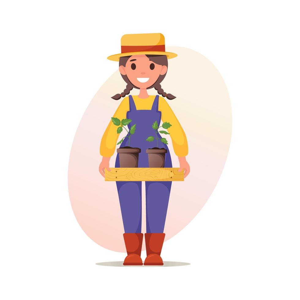 linda jardinera con overol y sombrero de paja sostiene una caja de madera con plántulas en sus manos. personaje animado. jardinería, limpieza vector