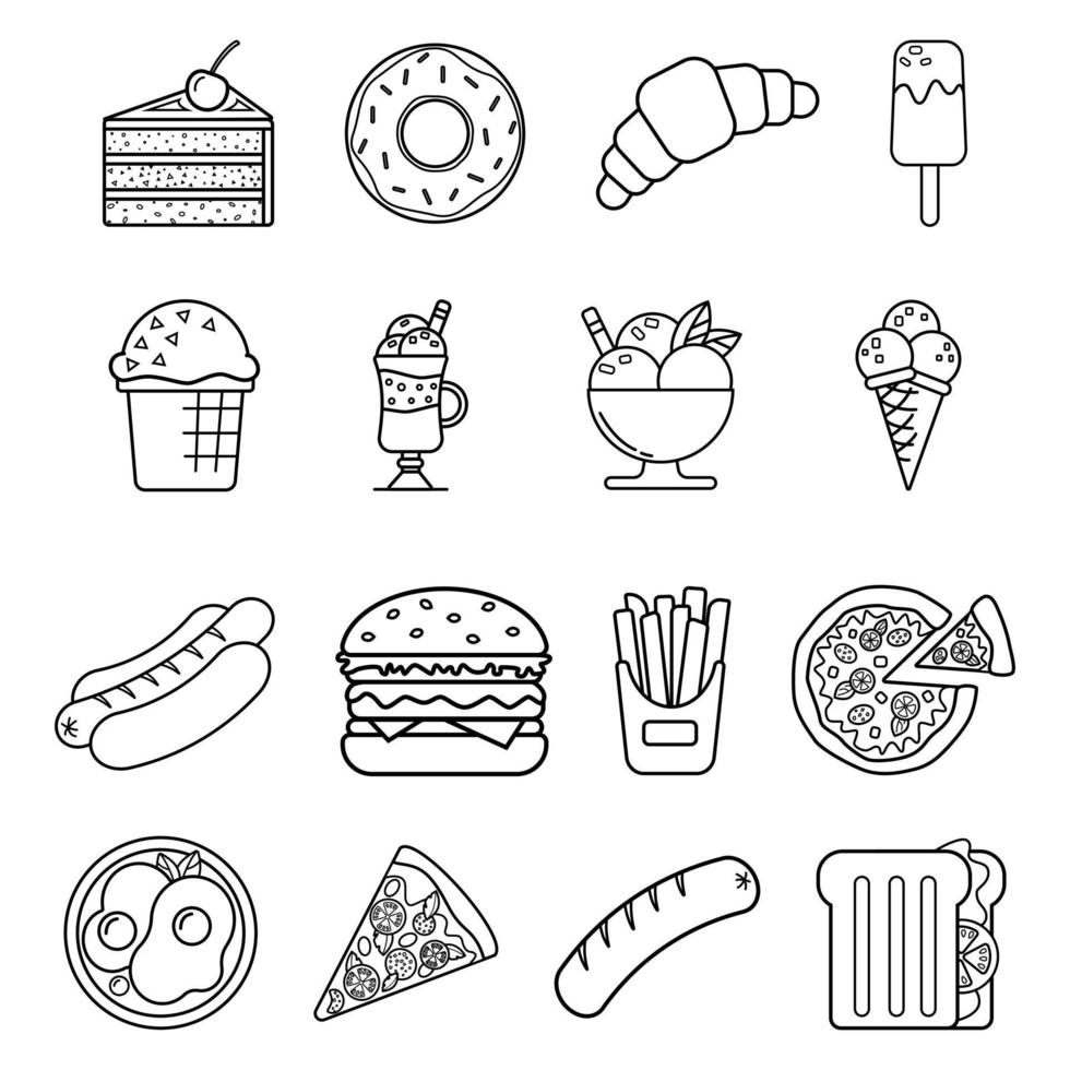 Food icons isolated on white background. Set of simple icons of fast food, street food. Black and white template for cafes, restaurants. Concept of breakfasts, desserts, snacks vector