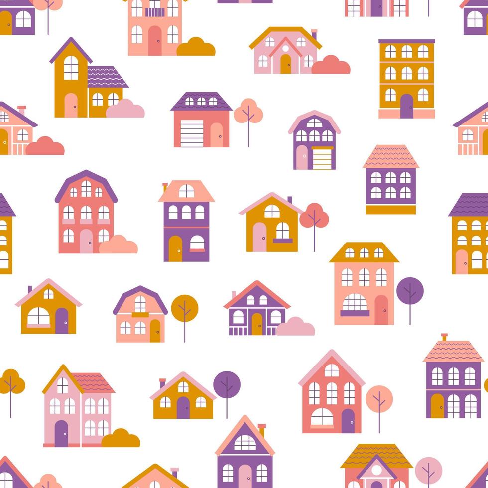 Cute little houses with trees in flat style on white background, vector seamless pattern, design for children, fabric, paper products