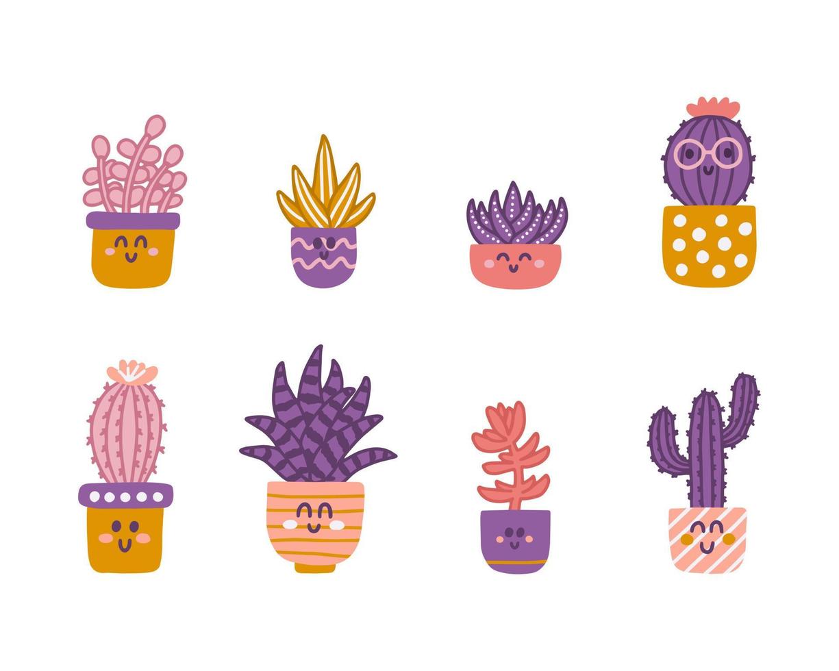 Cute succulents and cacti on white background. Vector set of indoor plants in flat hand drawn style with smiles and funny faces