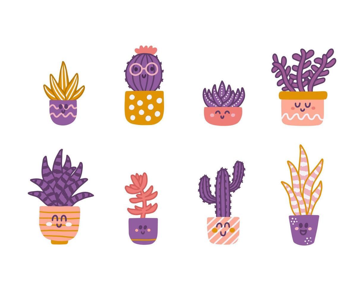 Cute succulents and cacti on white background. Vector set of indoor plants in flat hand drawn style with smiles and funny faces