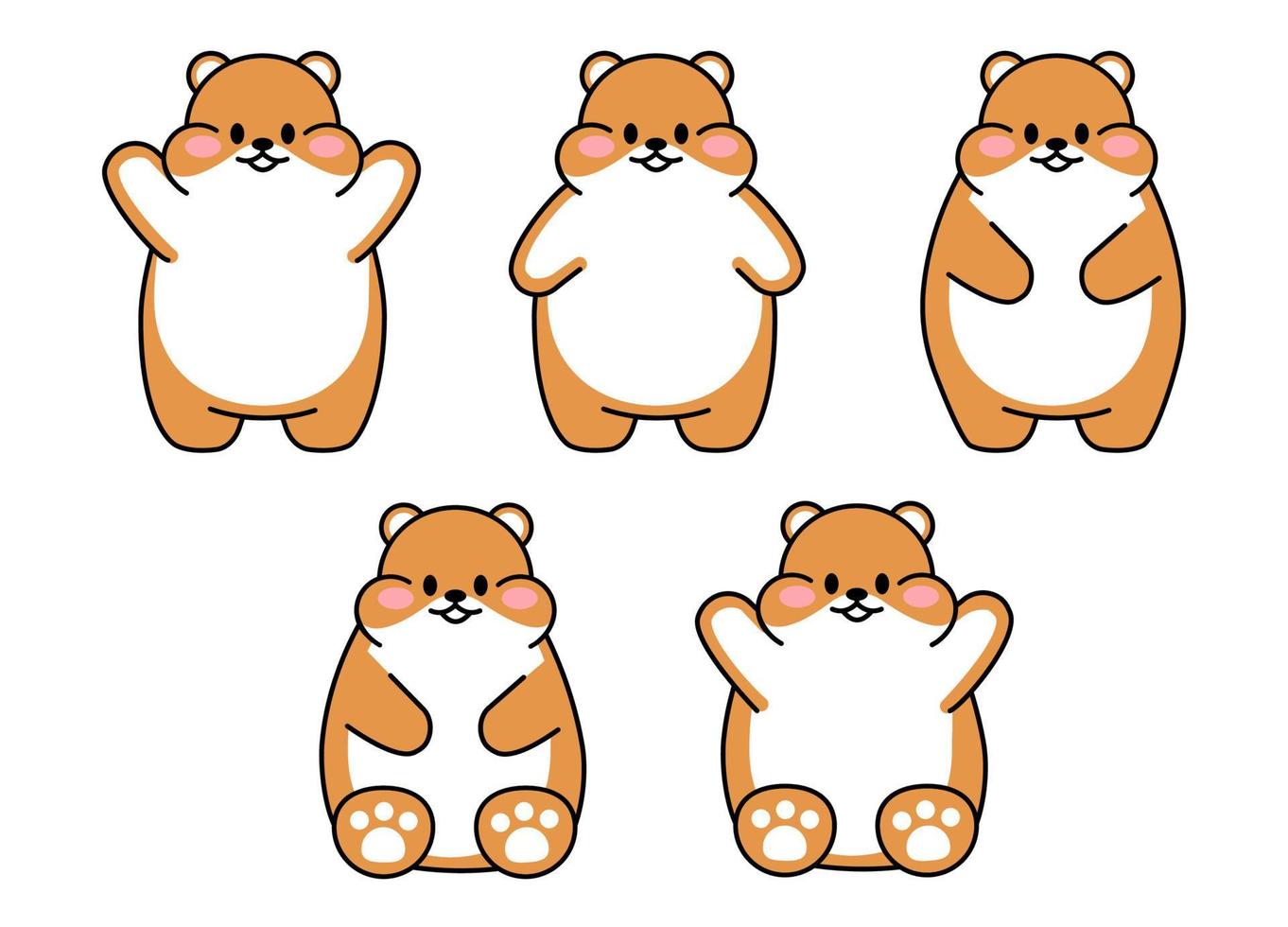 Set of cute drawn hamsters. Kawaii hamster in different poses. Collection of avatars mascots funny character animal stickers isolated on white background. Vector stock illustration