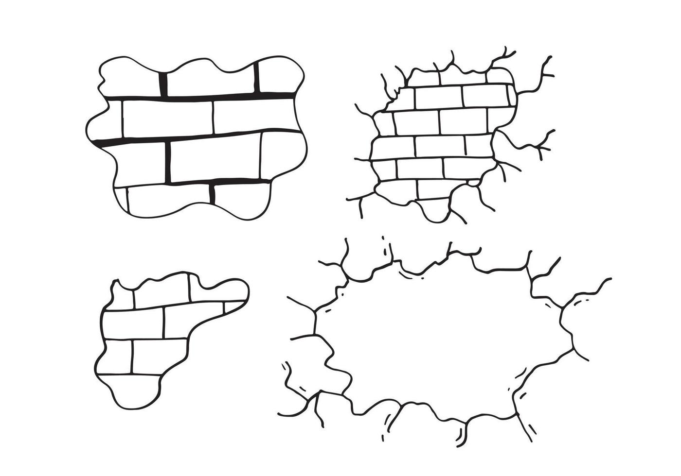 Hand-drawn set of cracked brick walls. Vector illustration.