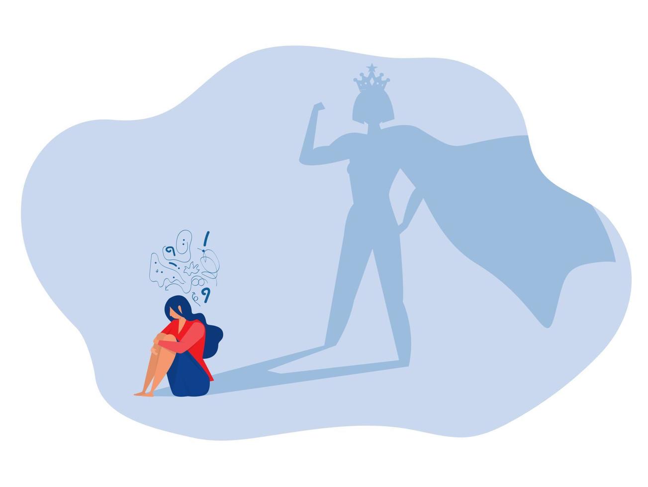 imposter syndrome, woman suffers from obsessive thoughts headache unresolved issues psychological trauma depression.Mental stress panic mind disorder illustration Flat vector illustration.