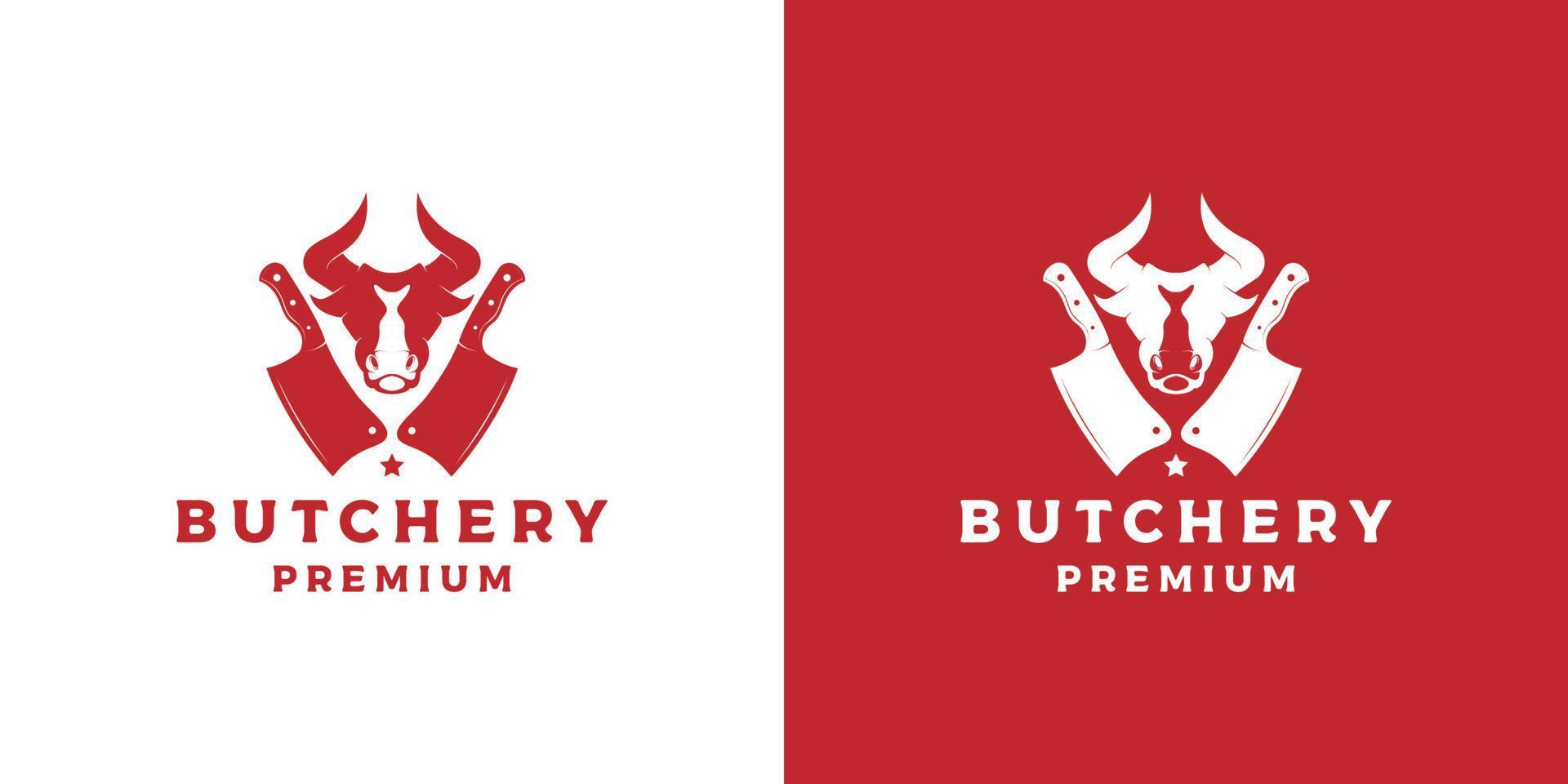 butchery logo design vector with bull head and knife icon