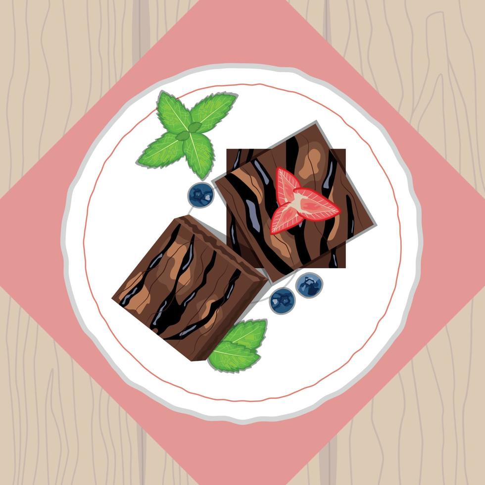 Brownies cake pieces with strawberries, blueberries and mint on ceramic plate top view vector