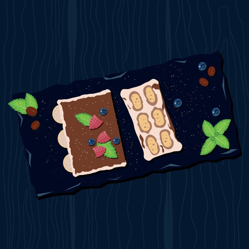 Tiramisu sliced cake with raspberries, blueberries, coffee beans and mint on stone plate top view vector