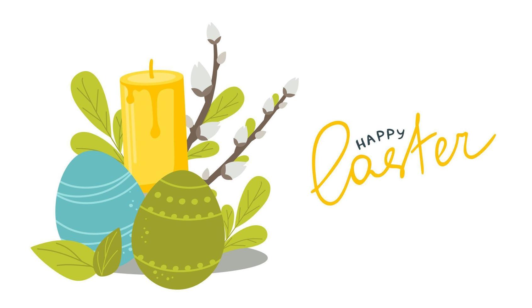 Postcard poster for the Happy Easter holiday with eggs, flowers, willow and other attributes.  Vector illustration in a flat style isolated on a white background