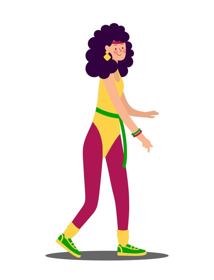 A young girl in Fashionable clothes, leggings and a swimsuit and hairstyles of the 80s-90s Stylish retro party. Character Vector Illustration