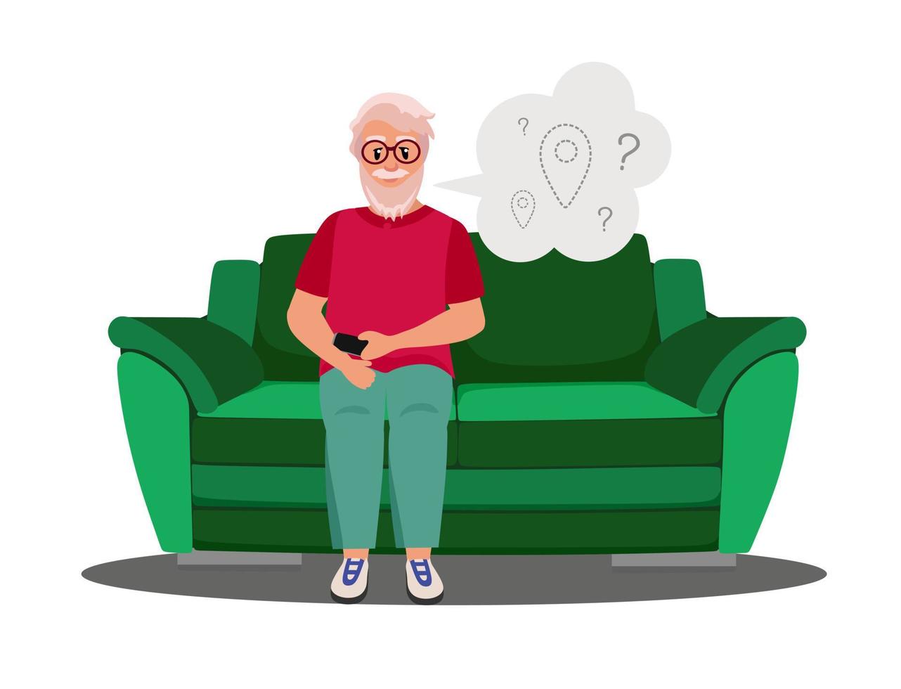 Dementia Grandpa on the couch can't figure out where he is Vector illustration in flat style