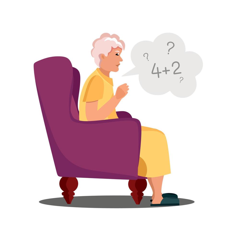 la abuela con demencia en una silla no puede recordar contar una ilustración vectorial de ejemplo en un estilo plano vector