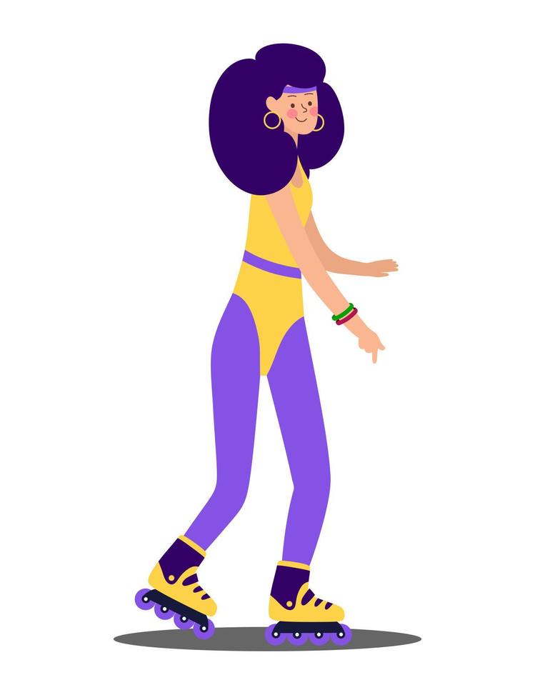 A young girl in Fashionable clothes, leggings and a swimsuit, roller skates and hairstyles of the 80s-90s Stylish retro party. Character Vector Illustration