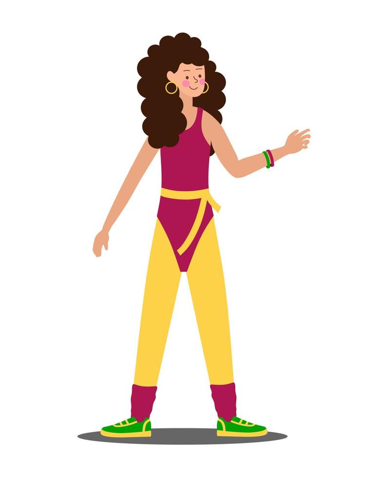 una joven con ropa de moda, polainas y traje de baño y peinados de la elegante fiesta retro de los años 80-90. ilustración vectorial de caracteres vector