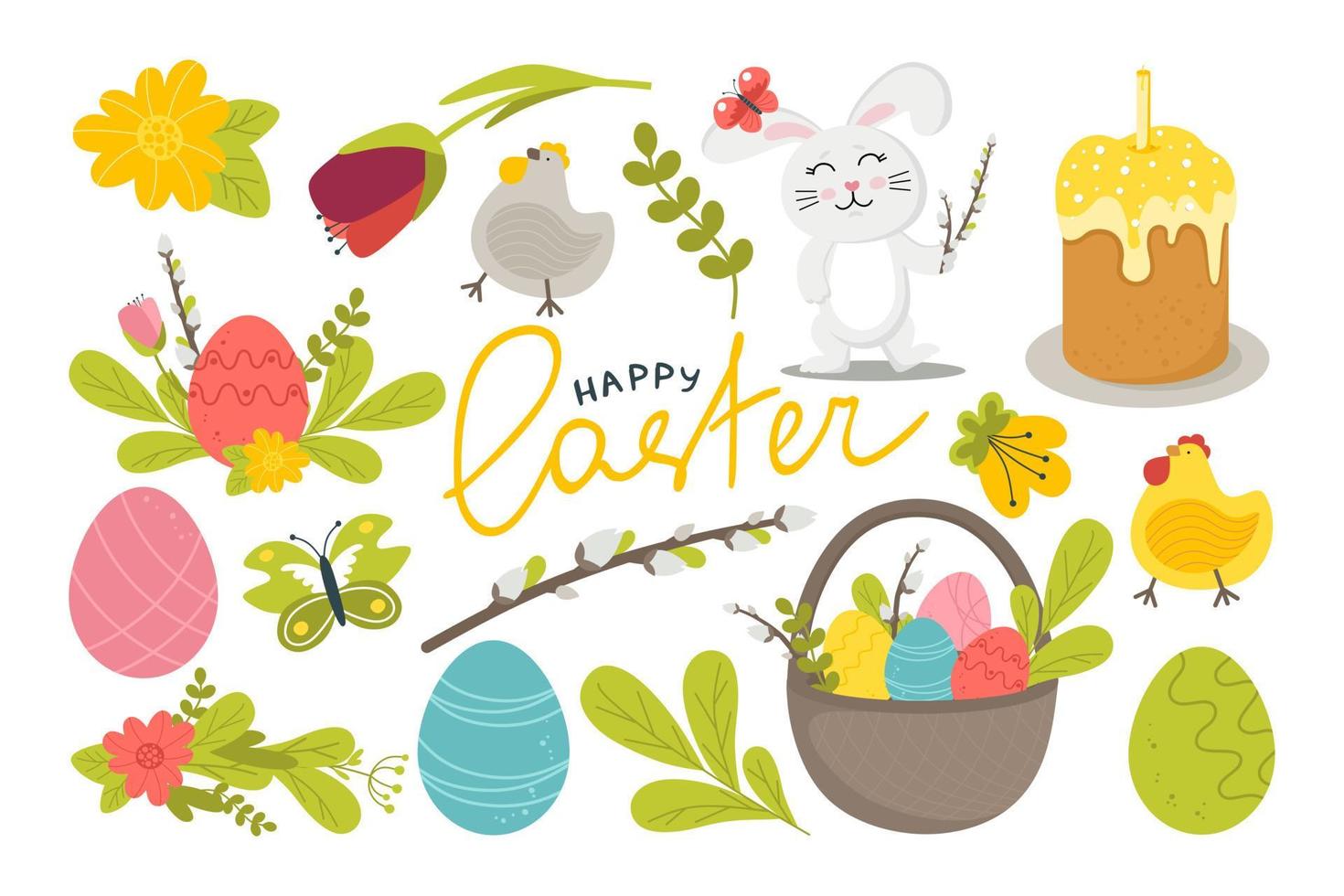 A set for the Happy Easter holiday with rabbit eggs, flowers, willow and other attributes.  Vector illustration in a flat style isolated on a white background