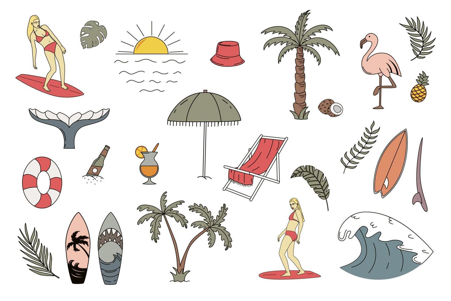 Set Of Elements With a Surfing Theme. Women Surfers, Palm Trees, Waves ...