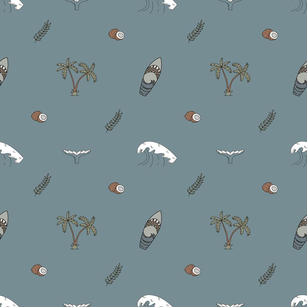 Hand Drawn Vector Seamless Pattern. Surfboards, Waves, Palm Trees And Coconuts.