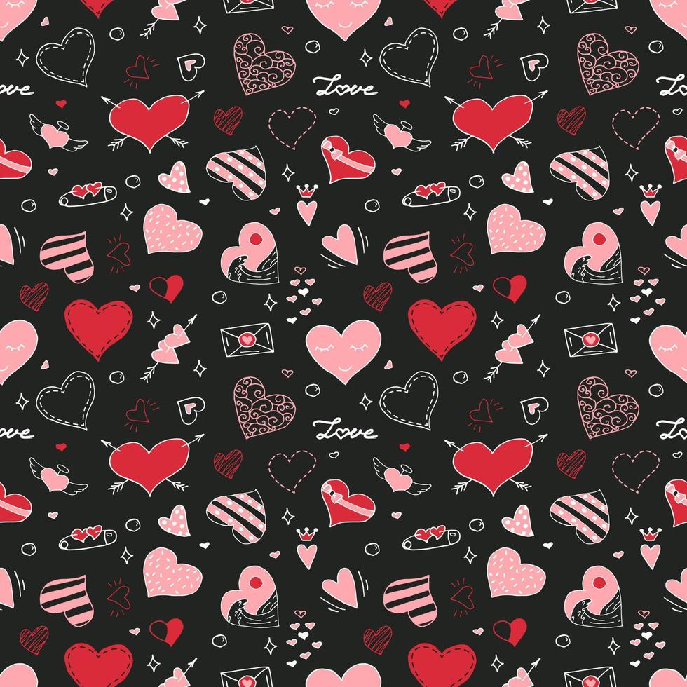Hand Drawn Hearts of Different Shapes, Seamless Pattern. Flat Vector Illustration. Valentine's Day