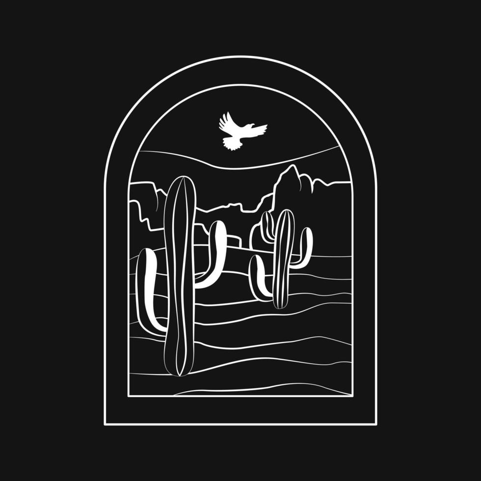 Badge With Cacti And Mountains. Outline Vector Illustration For Tshirt Prints, Posters and other uses.