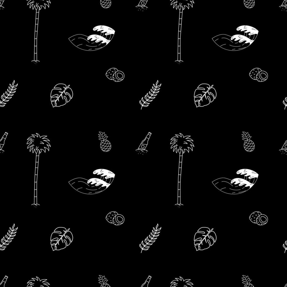 Hand Drawn Vector Seamless Pattern. Waves, Palm Trees, Pineapples, Leaves And Coconuts.