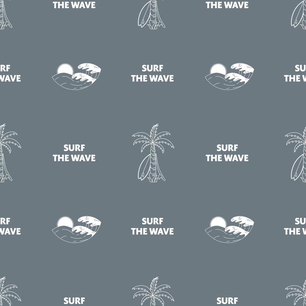 Hand Drawn Vector Seamless Pattern. Surfboards, Waves, Palm Trees And Slogan Texts.