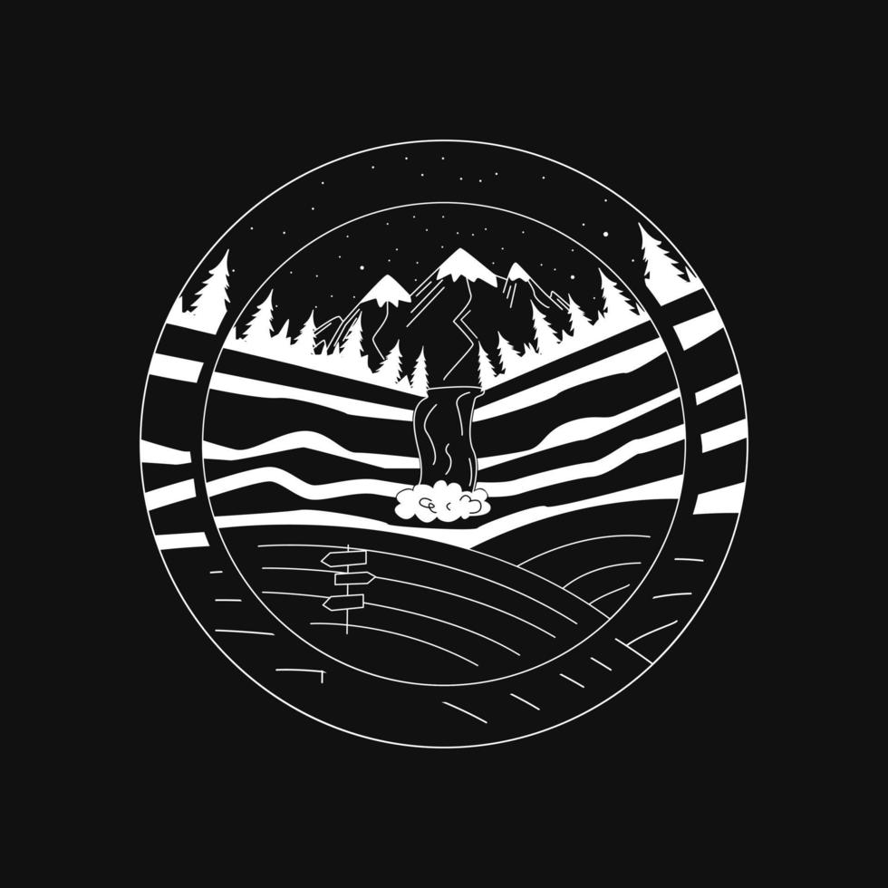 Hand Drawn Badge With Mountains And A Waterfall. Camping Concept. Outline Vector Illustration