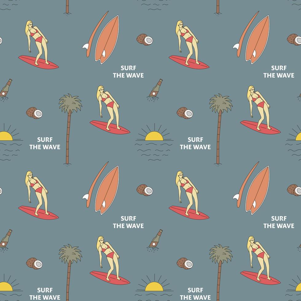 Hand Drawn Vector Seamless Pattern. Surfer Woman, Sun, Coconuts And Palm Trees.