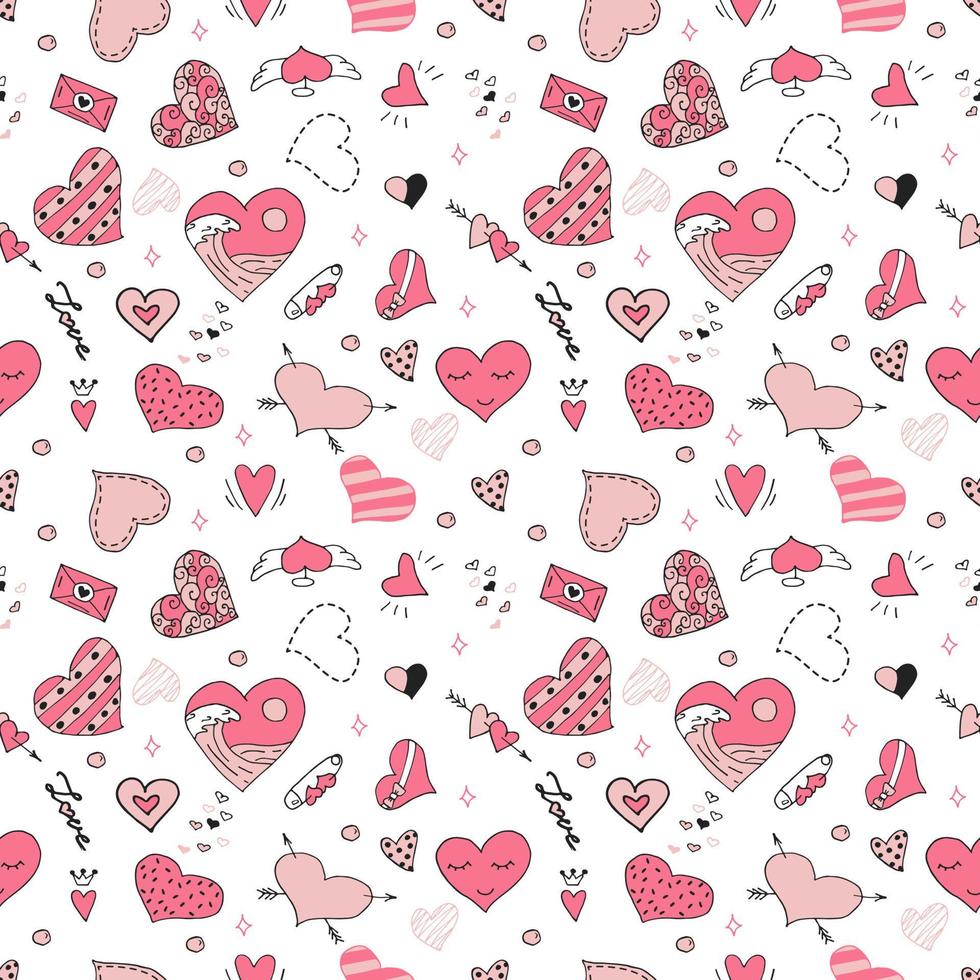 Hand Drawn Hearts Of Different Shapes, Seamless Pattern. Flat Vector Illustration. Valentine's Day