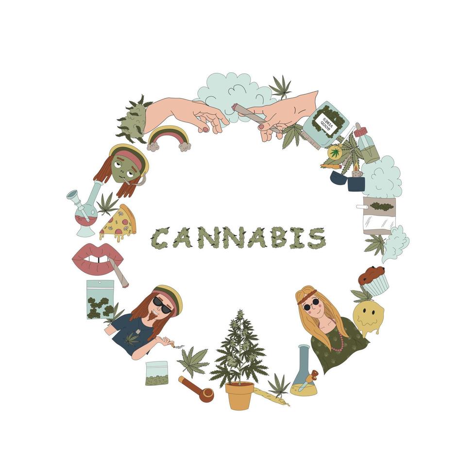 el concepto de marihuana. diferentes elementos en el círculo y la palabra cannabis. Ilustraciones de vectores planos